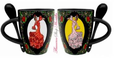 Cup with flamenco dancer black with spoon in gift box