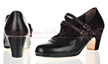 Flamenco Schuhe 379/T5 benagelt in Glattleder schwarz benagelt mit zwei Riemen