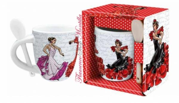 Espresso Tasse mit Flamencotänzerin und Löffel in Geschenkbox