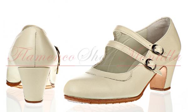 Flamenco shoes 379/T5 nailed in smooth leather beige nailed with two straps
