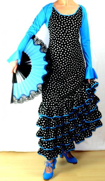 Flamenco dress SERRATO black with white Lunares hem turquoise