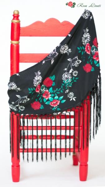 Flamenco cloth shawl with fringes black red roses