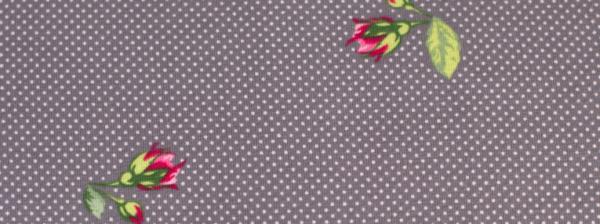 Baumwolljersey grau mit kleinen weissen Punkten und Blumen elastisch